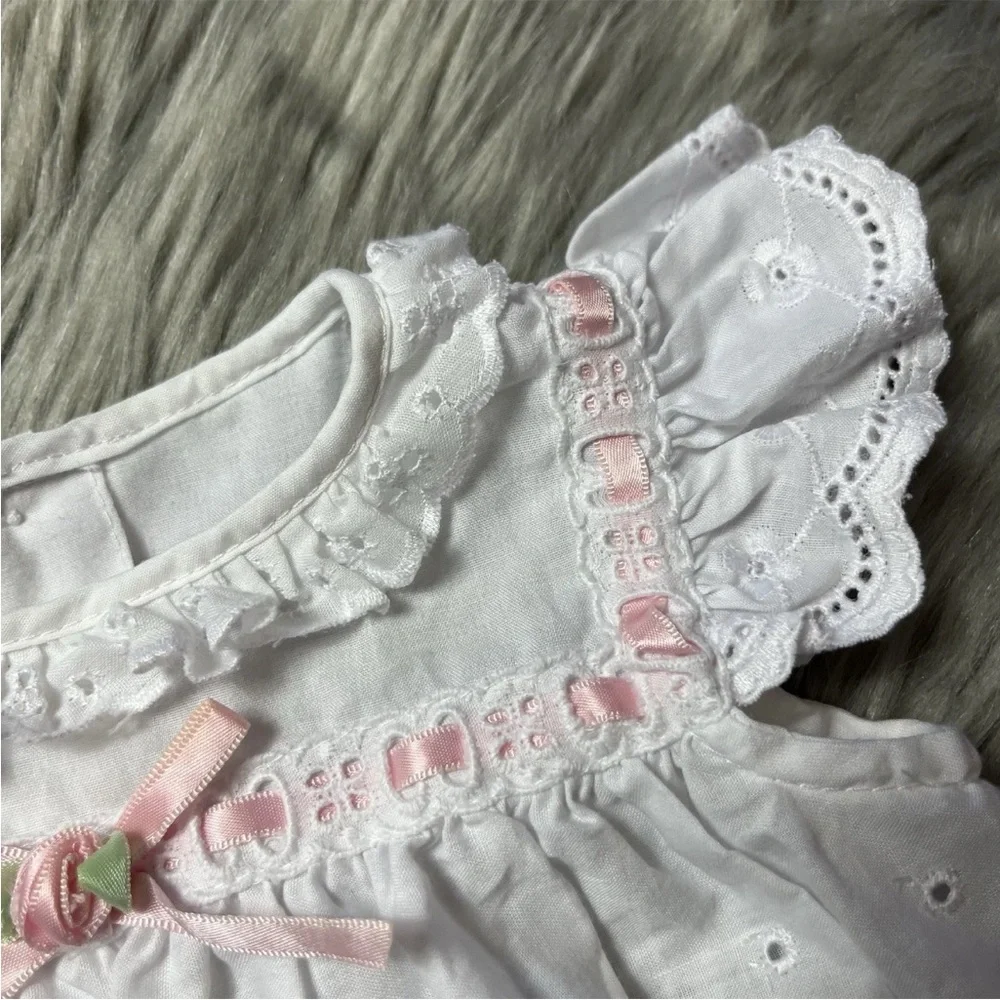 Vintage White Eyelet Lace Baby Girls Bow Ribbon Dress